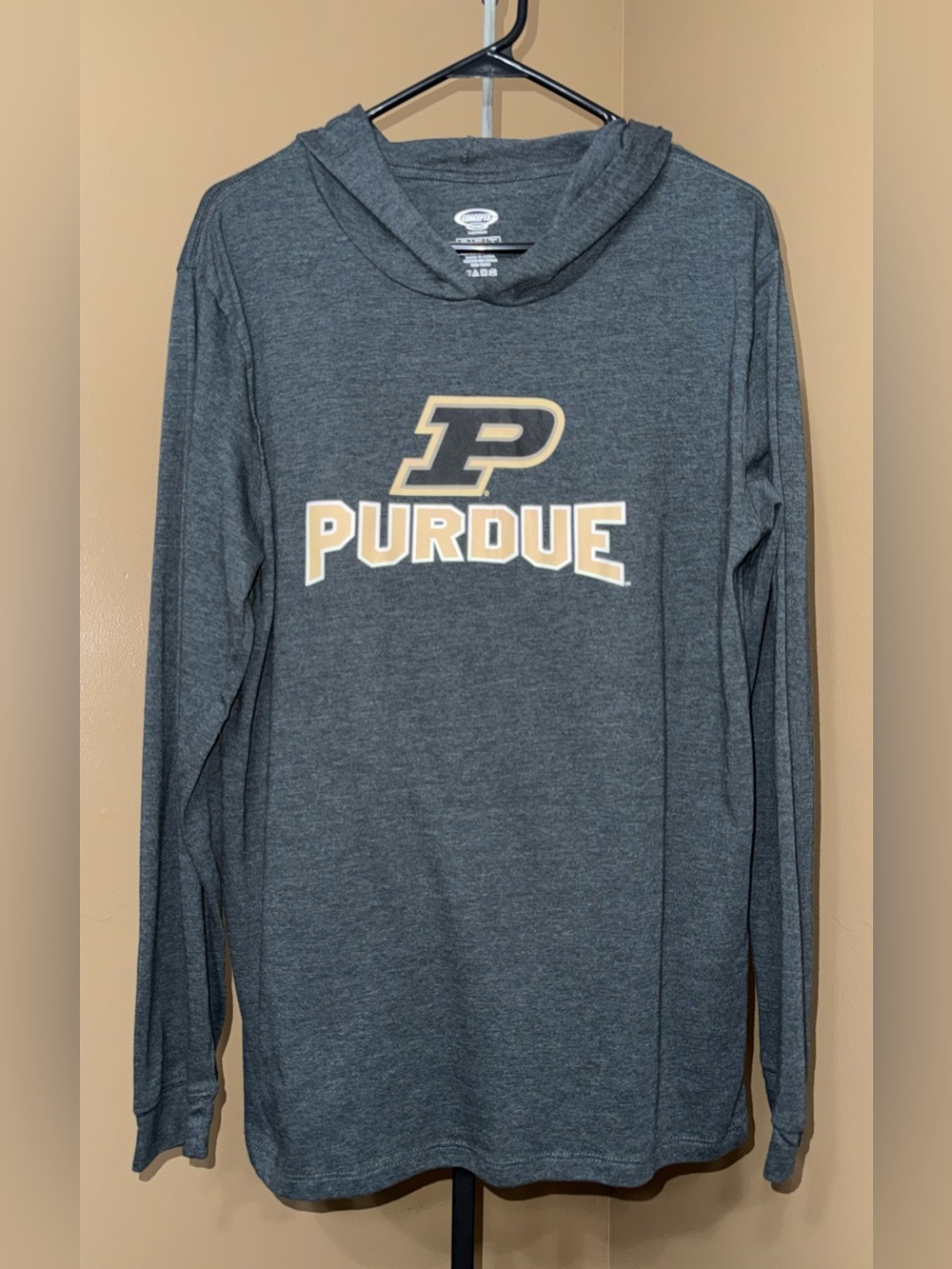 PURDUE Long Sleeve Hooded Tee - Gray with Gold Logo. Size Large.